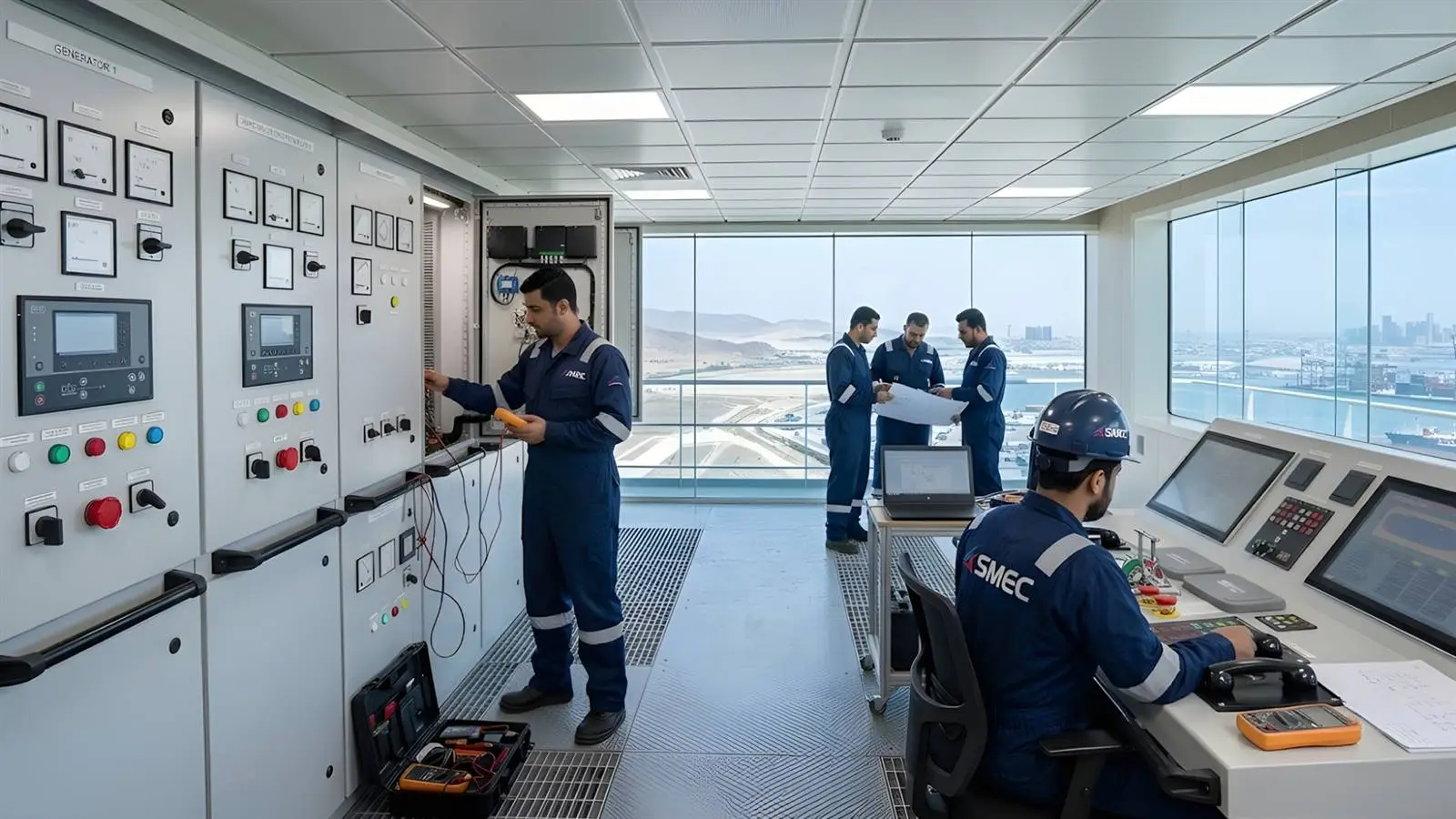 SMEC engineers testing generator control panels in a port-side control room