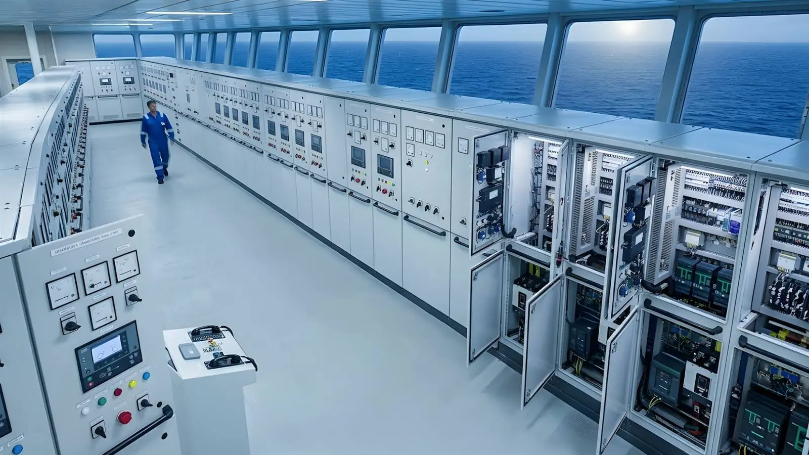 Main switchboard hall aboard a commercial vessel
